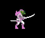 the titular Getsu Fuma from "Getsu Fuma Den" recolored to be pink with the face of Gerson from "Deltarune" edited over him.