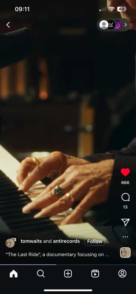 A screenshot of an Instagram reel, with Tom Waits playing piano — a close up of his hands. The reel advertises a documentary, “The Last Ride” about homelessness.