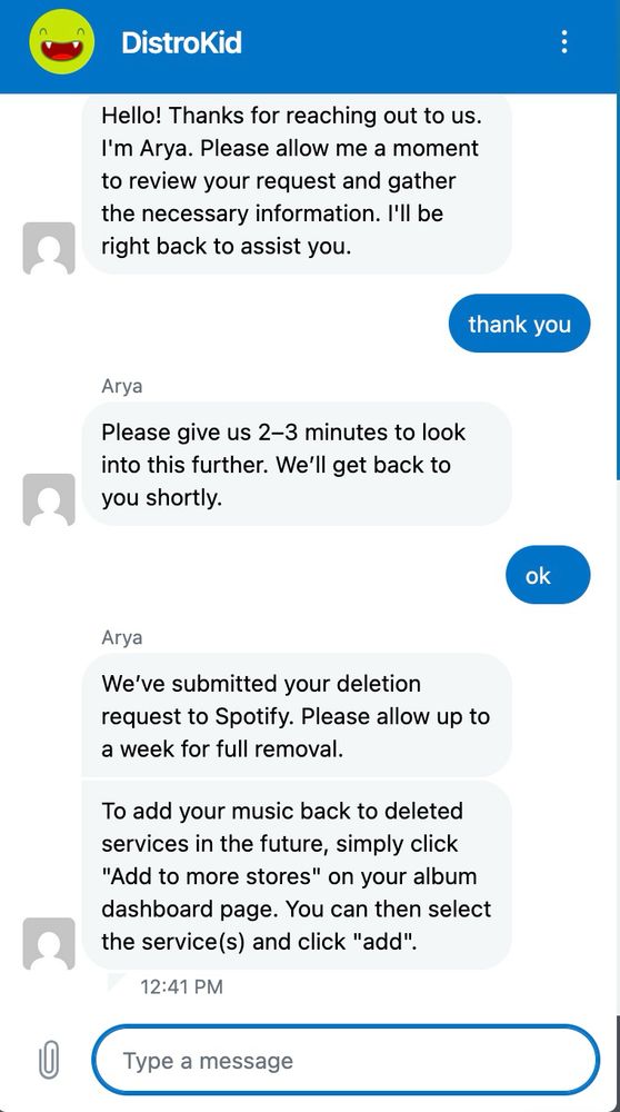 Distrokid chat - my request to remove my music from Spotify
