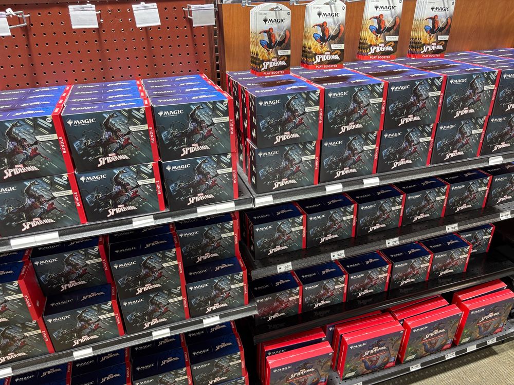 Rows and rows full of the Magic the Gathering Spider-Man set sitting unsold at Micro Center