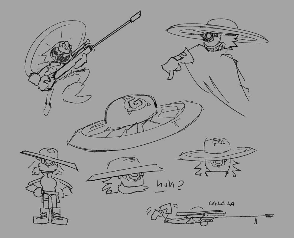 Multiple sketches showing her manic expressions, details of her hat, and one where she's on the ground with her scope rifle doing that lil leg wave thingy.
yknow like...  nevermind.