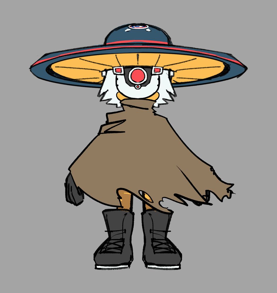 Full body, cleaned and colored reference sketch of "Chamber".
She's a mercenary and a sniper, she wears a "G.U.N. Beetle" as a hat and as part of her mask. A big red lens her face. She's wearing a dusty, teared cloak. It covers everything neck down, except part of her right glove and her military boots.