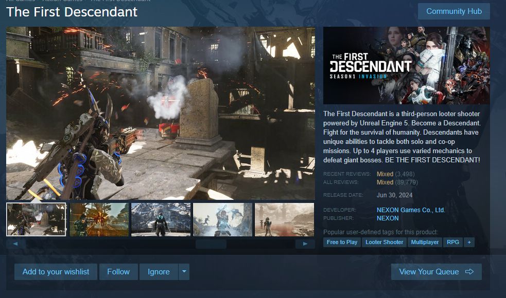 Screen cap of The First Descendant's store page showing mixed reviews from players.