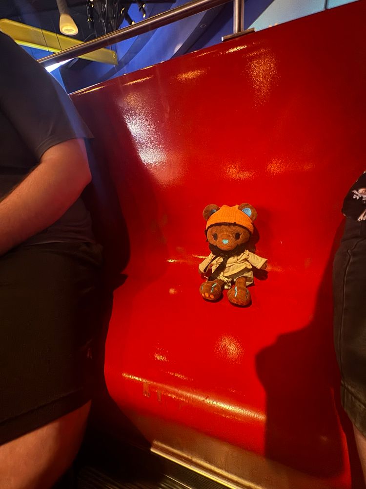 bearluwande in a red ride vehicle for Journey into Imagination in Epcot 