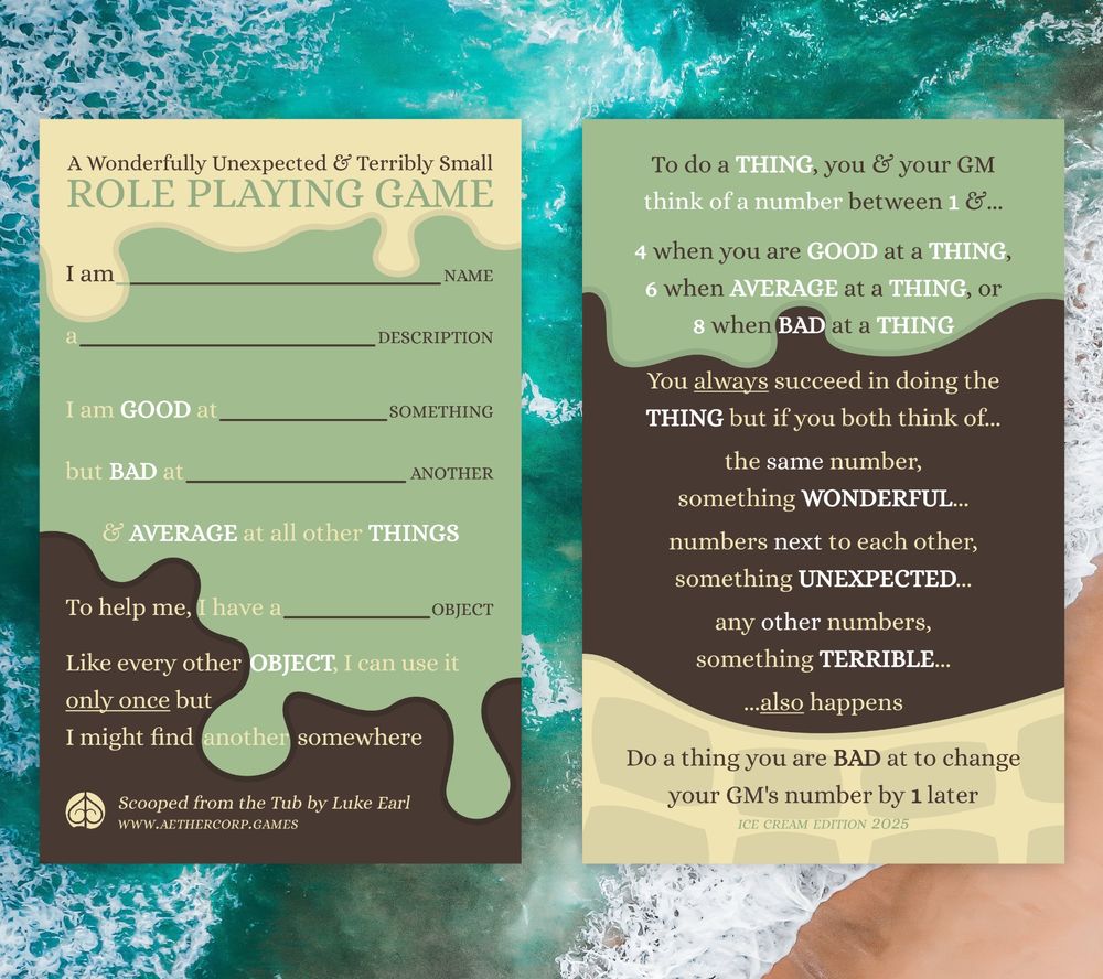 Both sides of the business card RPG above a sea background
