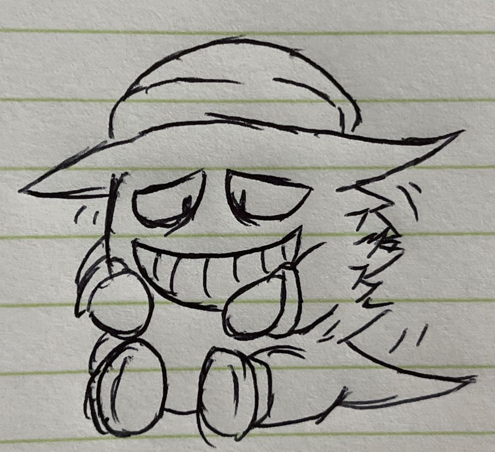 Pen drawing of a shivering Gengar in gloves, boots, and a beanie