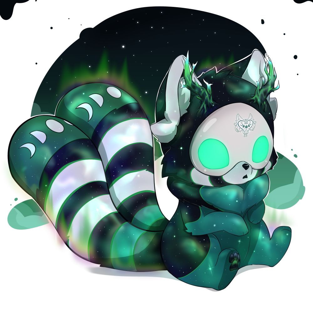 A little wisp with Red Panda features ant two tails with stylized moon phases on each plus branch-like green crystalline horns in the colour scheme of Wolfe's scars and tendrils with a mast and the Sigil of the Household on it on the forehead called Notho Ju'Cu.
She is sitting in front of a white / galaxy background and seems to stare nowhere