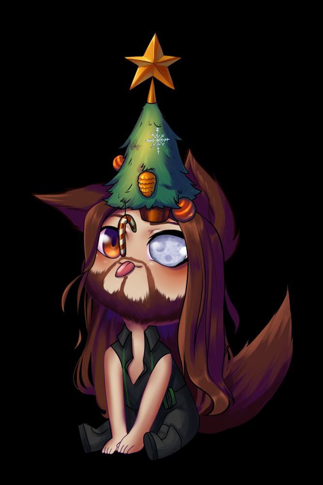 Chibi G_B_Wolfe in humanoid shape with a Christmas tree on his head trying to lick a sugar cane dangling in front of his face as he sits on the ground