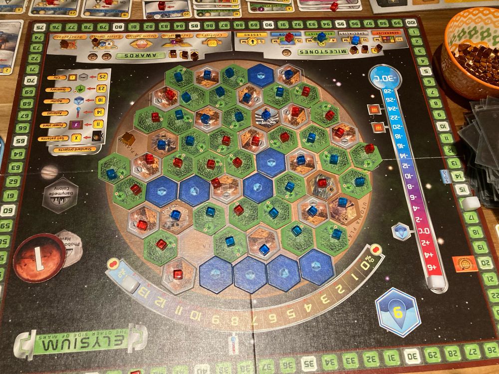 Terraforming Mars board at the end of game. 16 generations. Two player the board is full except for one ocean hex. 