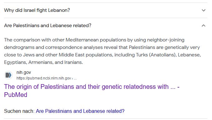 Q: Are Palestinians and Lebanese related?

A: The comparison with other Mediterranean populations by using neighbor-joining dendrograms and correspondence analyses reveal that Palestinians are genetically very close to Jews and other Middle East populations, including Turks (Anatolians), Lebanese, Egyptians, Armenians, and Iranians.