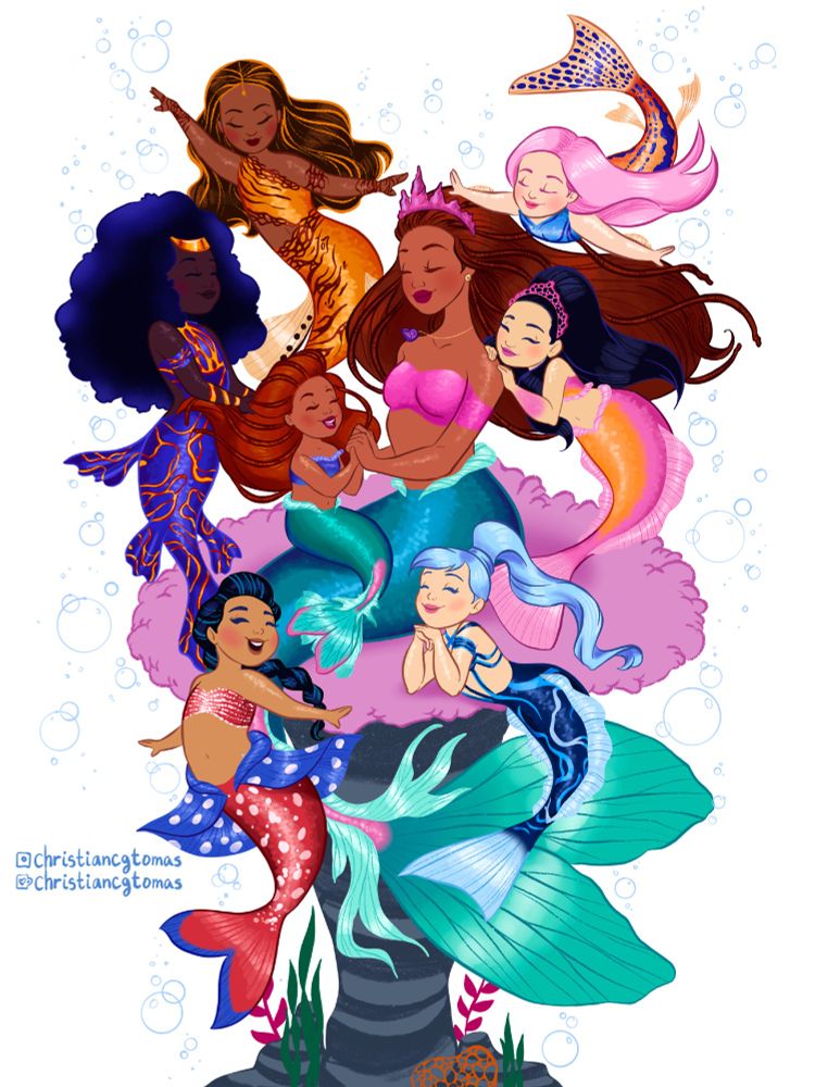 Illustration by me depicting fanart of the seven daughters of Triton as little merbabies from Disney's "The Little Mermaid (2023)" and their mother, whose design was created by me. The mother is seated on a natural rock/coral throne with a young Ariel sitting on her lap. The two of them are holding each other's hands while the other six sisters are swimming around them. All of them have their eyes closed and have expressions that read as joyful/happy.