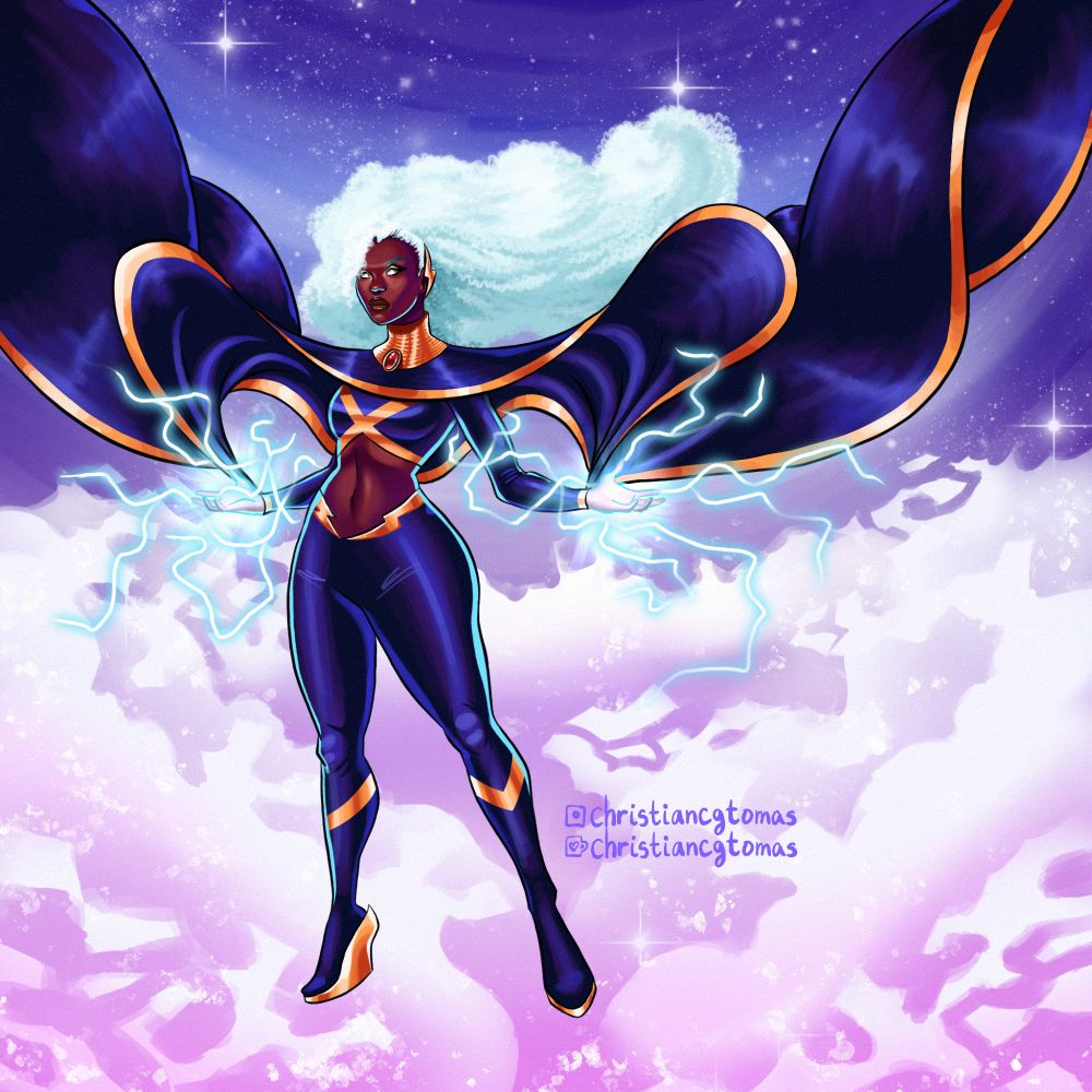 Illustration by me of Ororo Munroe aka "Storm", a fictional Black woman, from Marvel comics' "X-Men" franchise. She wears her current (as of July 2025) comic costume as desgined by Lucas Werneck as she flies above a sea of pink and purple clouds. Behind her is a deep blue sky filled with stars. Her cape and hair billows in the wind as her outstretched hands emit blue-colored lightning