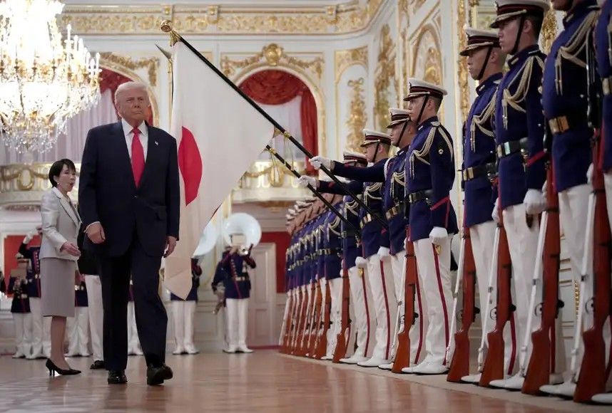 Japan's Prime Minister Sanae Takaichi and US President Donald Trump review an honour guard of the Japan Self-Defense Force at the Akasaka State Guest House in Tokyo on Oct. 28, 2025. Getty Images.