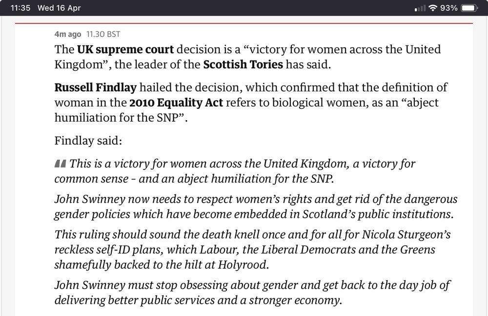 The leader of the Scottish Tory party using a court decision on gender rights as a way to criticise the Scottish Nationalist Party at the expense of the people who will be affected by it.
