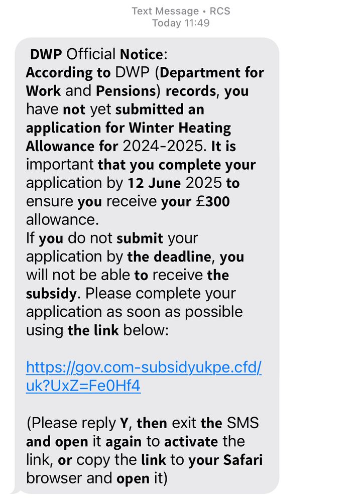 Scam text message purportedly from the UK Government targeting senior citizens and requesting their bank details order to receive a benefit payment.