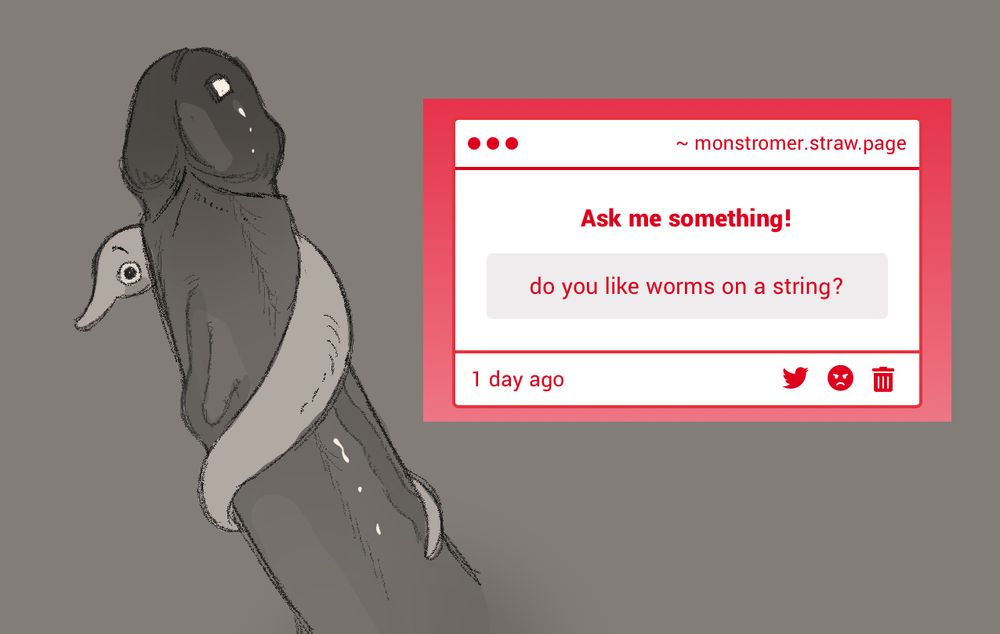Worm on a string wrapped around a cock. Next to it is a question from my ask box asking if I like worms on a string