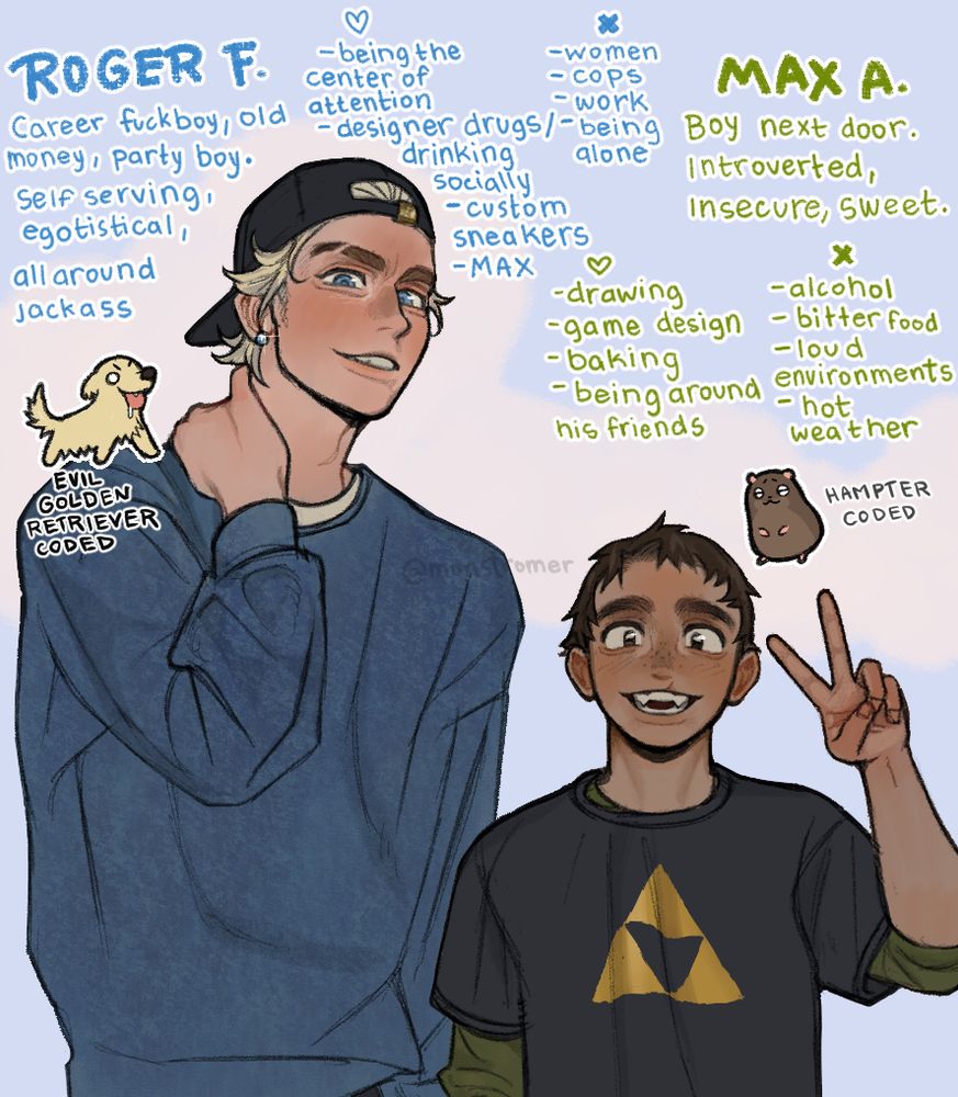 Two boys standing next to each other. Roger F. is the taller one of the two- blonde, blue eyed, very tall. Next to him is Max A. who’s short and cute looking.

Roger is a career fuckboy, from old money, and loves to party. He’s self serving egotistical and an all around jackass. He loves being the center of attention, designer drugs/drinking socially, custom sneakers, and Max! He dislikes women (😔), cops, working, and being alone.

Max is a boy next door. He’s introverted, insecure, but very sweet! He loves drawing, game design, baking, and being around his friends. He dislikes alcohol, bitter food, loud environments, and hot weather.