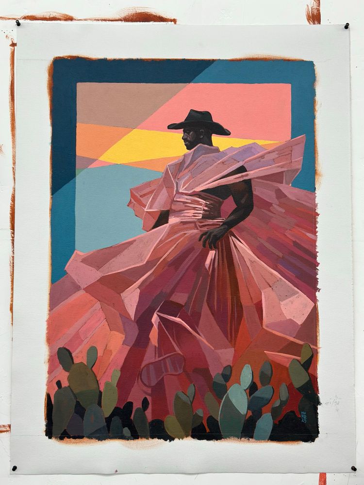 A strong black man in a large pink dress I. The desert surrounded by cactus with a geometric pastel background. 