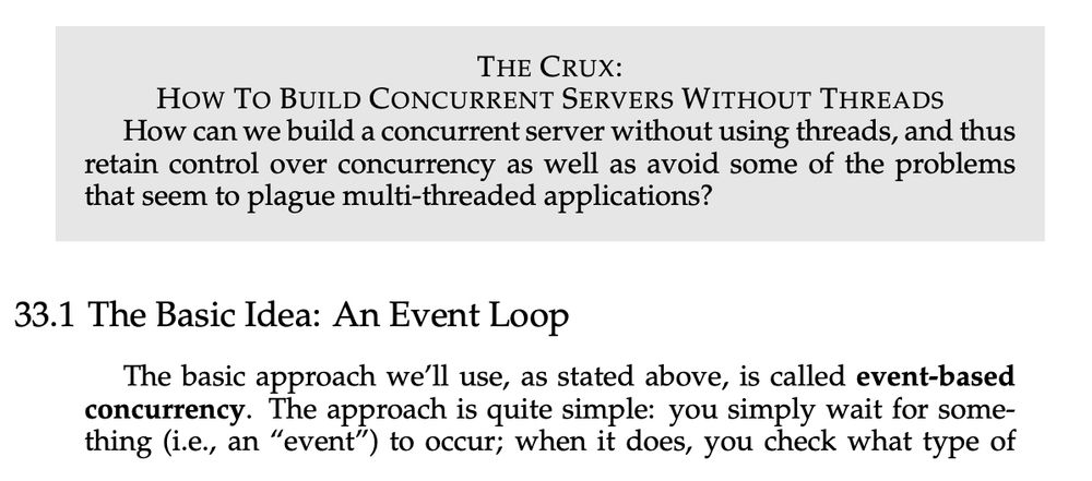 a glimpe of a chapter in a book I picked up in order to learn event loop. it talks about how we can build concurrent servers without using threads
