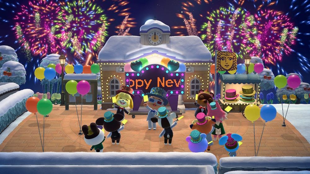 Imagem do jogo Animal Crossing durante a virada do ano. Todos os moradores estão comemorando o Ano Novo, a praça está enfeitada com bexigas e o céu noturno está cheio de fogos de artifício.