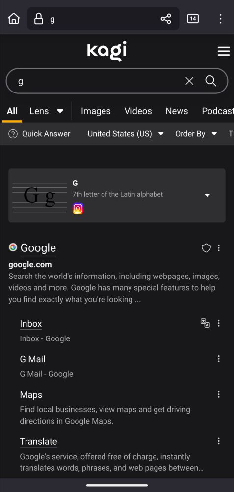 A screenshot of a kagi search of the letter g