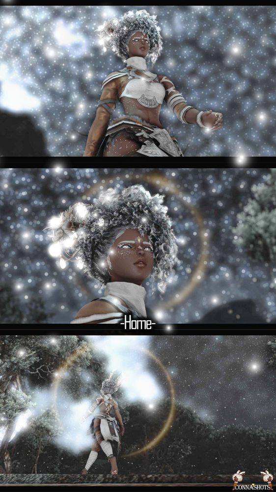 Three panel shots of Conna in Rak'tika greatwood.  Her home in the first 