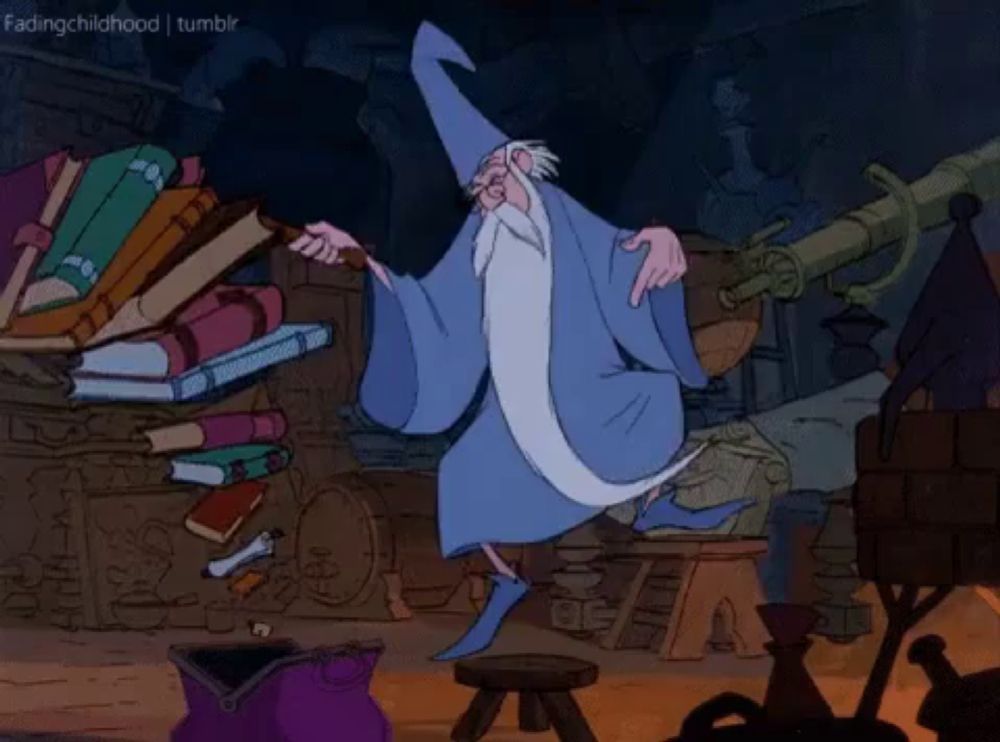 a cartoon of a wizard dancing in front of a stack of books