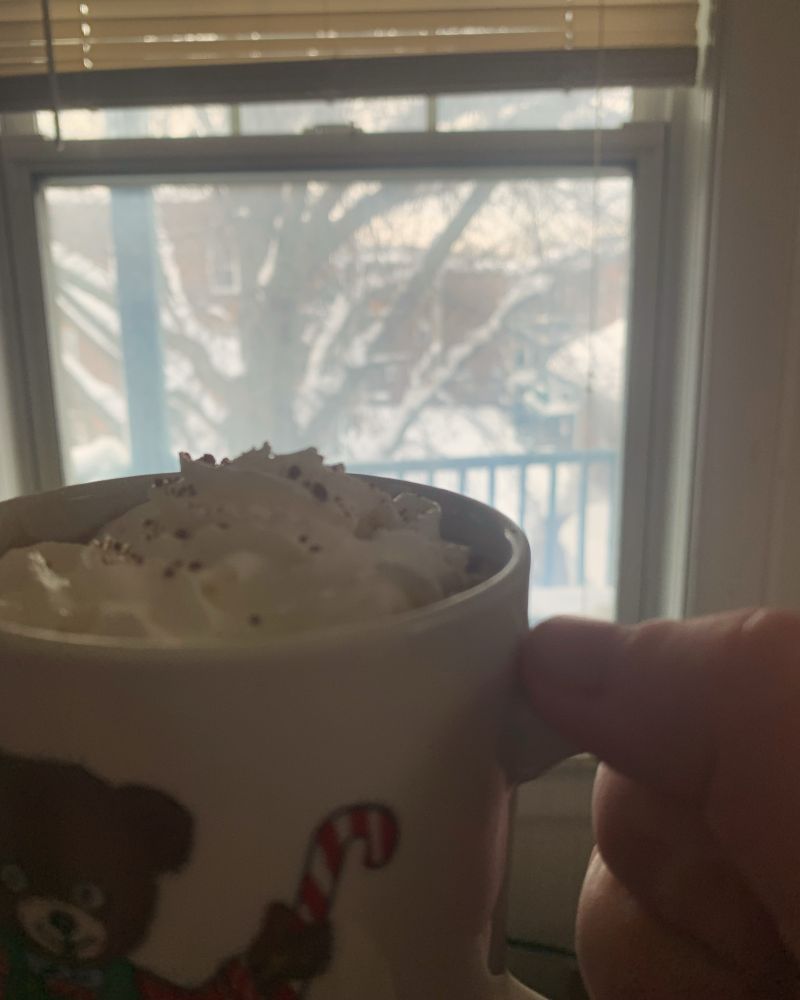 Hot chocolate with whipped cream & nutmeg sprinkled on top inside of a cup with a picture of a bear holding a candy can posed in front of a window