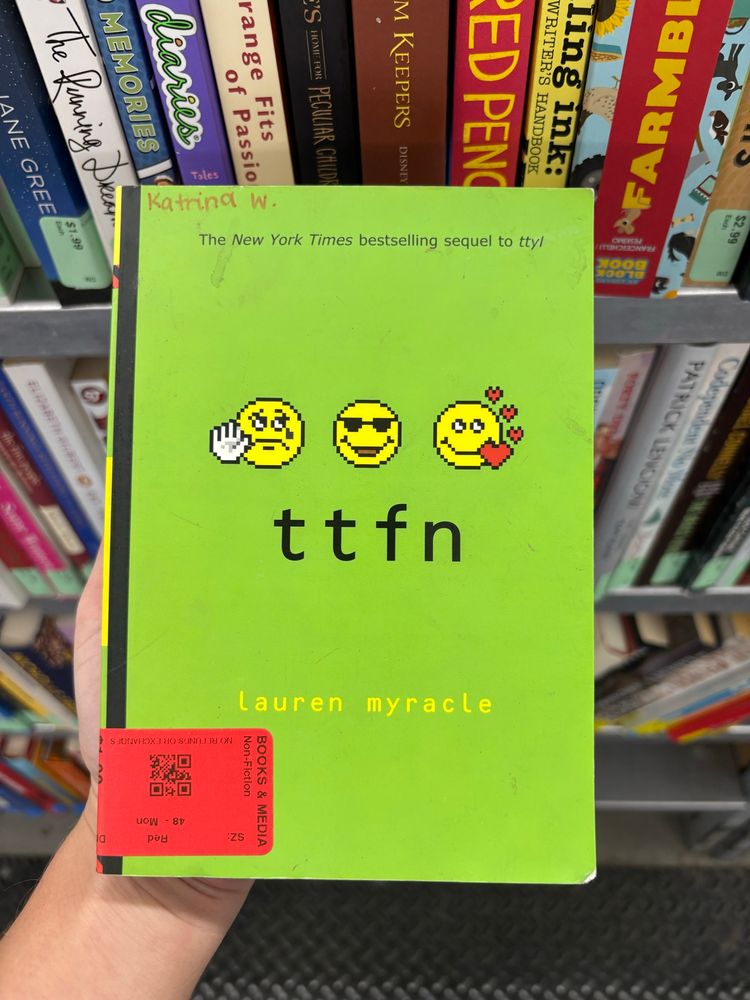 the book ttfn - bright greet cover with three emoticons 