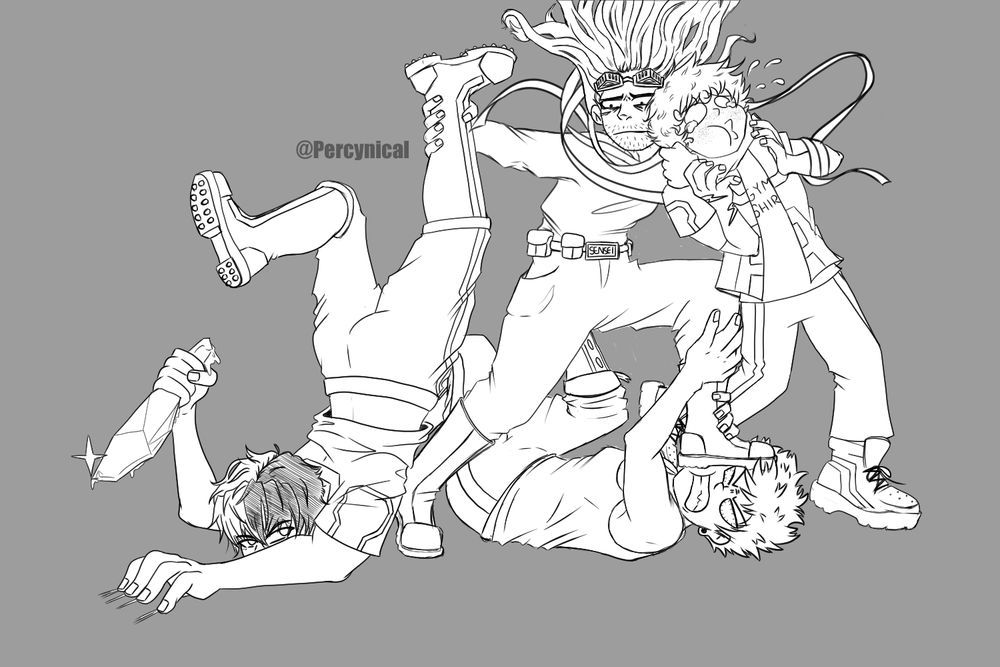 a drawing of Bakugo, Deku, and Todoroki being prevented from fighting each other by Aizawa, who is holding all 3 of them back at once in annoyance