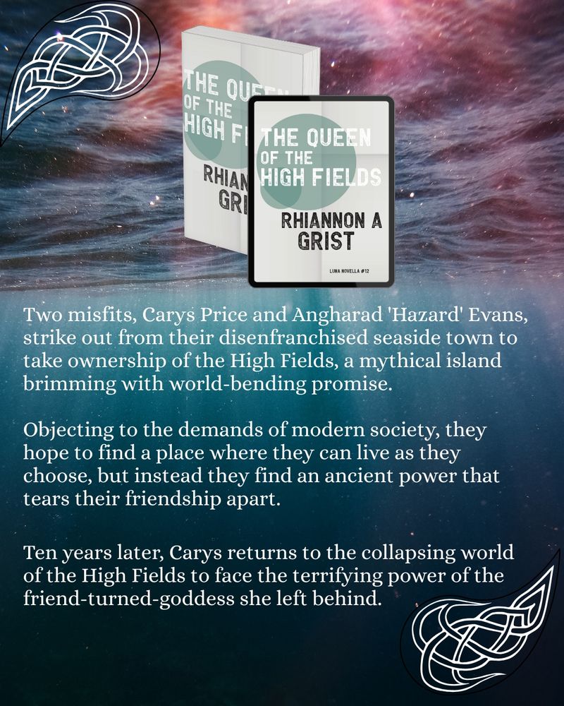 The same underwater sea scape and the book covers but now with the back cover text reading:

"Two misfits, Carys Price and Angharad 'Hazard' Evans, strike out from their disenfranchised seaside town to take ownership of the High Fields, a mythical island brimming with world-bending promise.

Objecting to the demands of modern society, they hope to find a place where they can live as they choose, but instead they find an ancient power that tears their friendship apart.

Ten years later, Carys returns to the collapsing world of the High Fields to face the terrifying power of the friend-turned-goddess she left behind."
