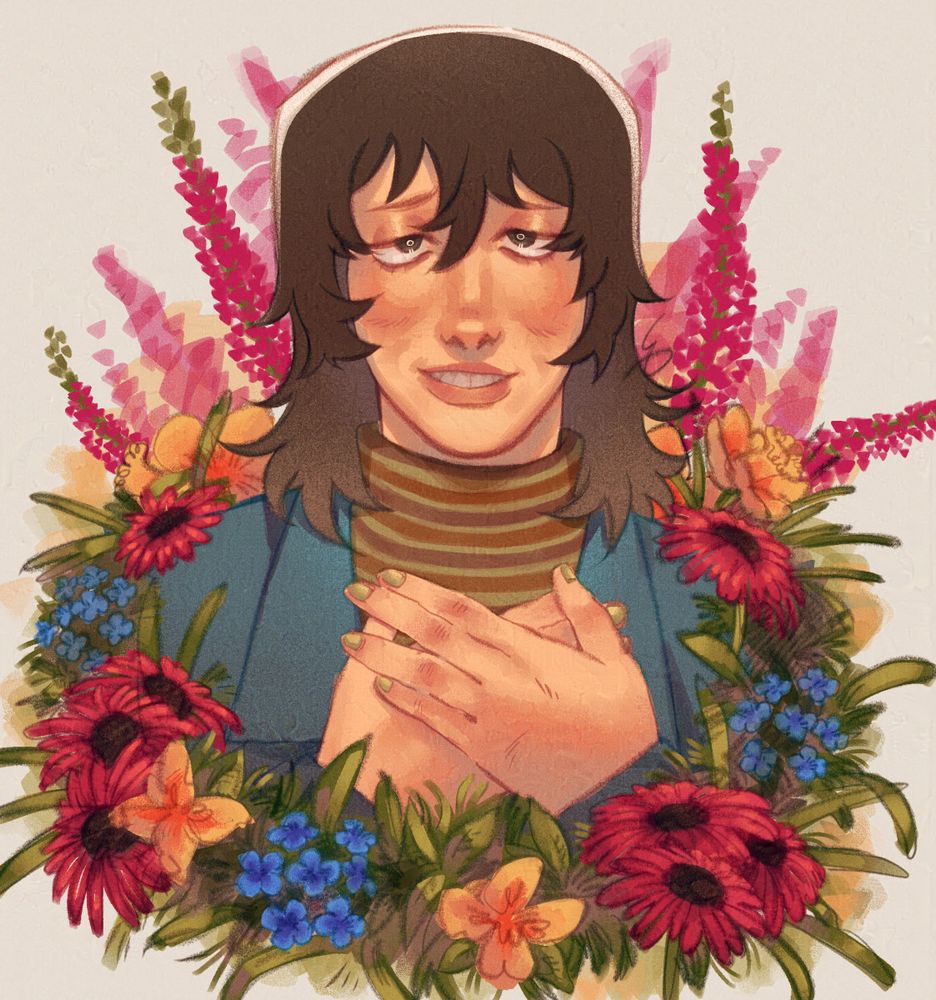 A bust of Anya from the game Mouthwashing. She has shoulder length, brown, messy hair, light skin, and a lopsided smile. She has both hands on her chest, which is a blue jumpsuit with the neckline exposed, showing a striped yellow and brown turtleneck. She is surrounded by flowers: yellow daffodils, reddish-pink echinaceas, and blue forget-me-nots in the foreground and yellow daffodils and pink heathers in the background.