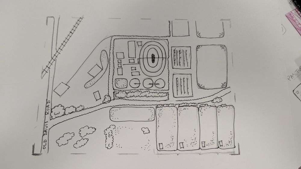 Black and white, pen and pencil drawing of the wastewater treatment plant, with circular water treatment facilities, rectangular pastures and settling ponds, plus roads and buildings 
