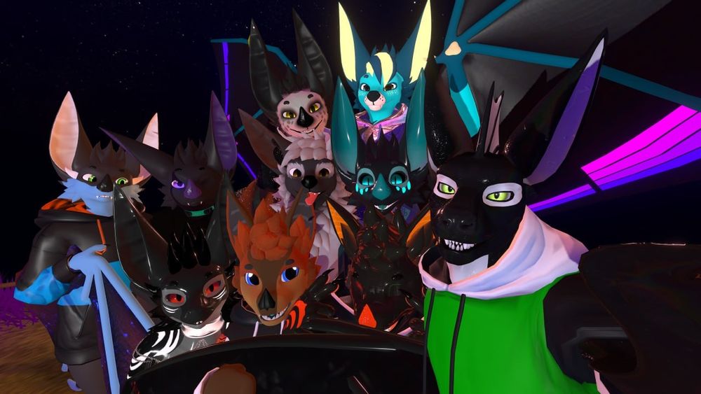 A group of bats in vrchat looking at the camera 