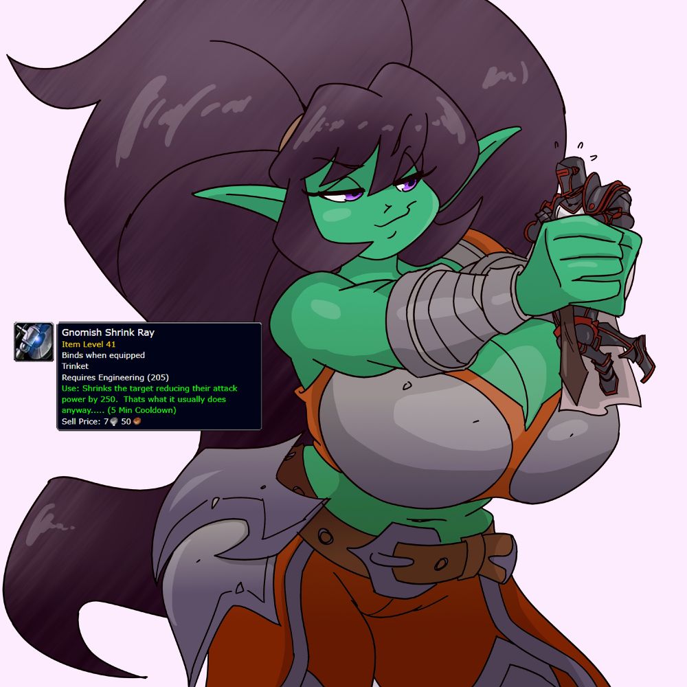 Claaq, a goblin hunter, shrinks down her traveling companion Lionel - a former paladin of the Scarlet Crusade. She's got some lewd intentions for her new reduced boytoy.