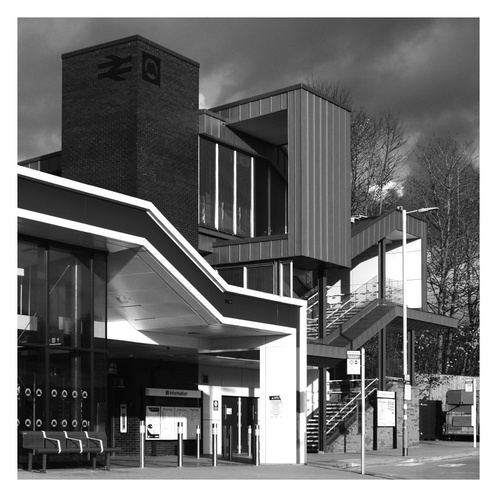 Black and whiteimage of local railway station. Shapes, shadow and light