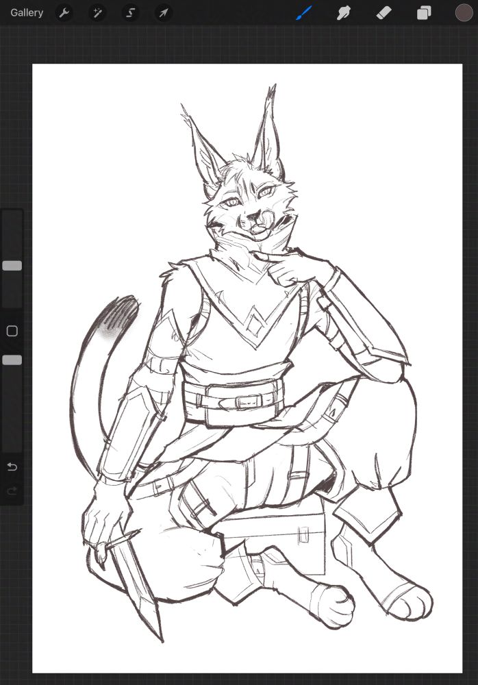 An anthro caracal sitting on a chest while licking its chops
