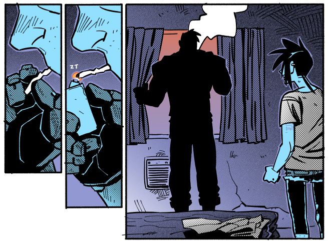 Ansel puts a bent cigarette between his lips and lights it, going to the motel window and looking out at the colors of dusk. Ren stands in the foreground, staring at the back of his imposing silhouette, fist clenched.
