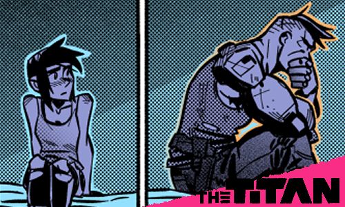 Promo image taken from the comic update. Ansel and Ren sit on a bare mattress, his back to her and body language tense and anxious. Ren looks on with worry.