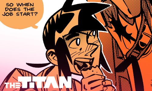 Promo image taken from the update. Ren eats a burrito and asks "So when does the job start?"