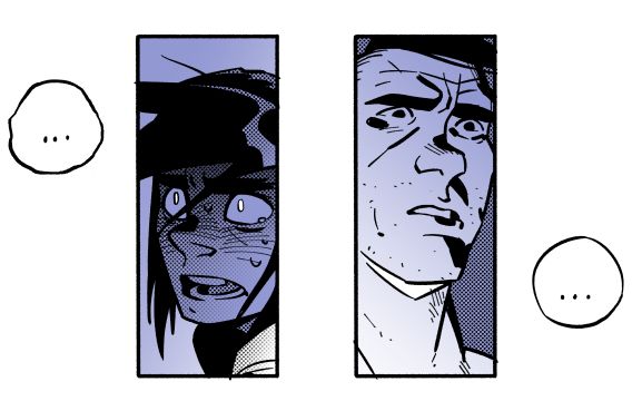 Two panels - Ren staring, in shock, blushing, sweating nervously, with a tear at the corner of her eye, as Ansel looks on, discomfort creeping across his face.
