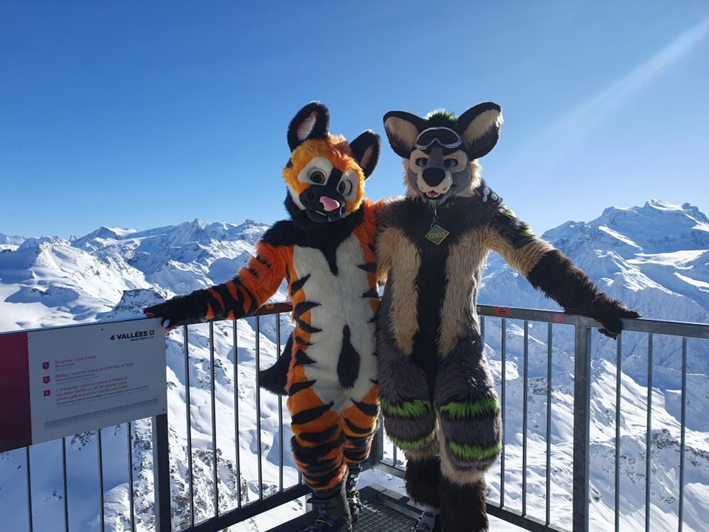 Photo of two fursuiters on a lookout platform with a view of the European Alps in the background