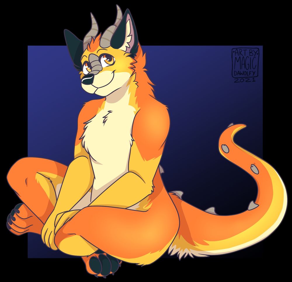 An artwork of Fozzaroo sitting on the floor and smiling at the viewer.