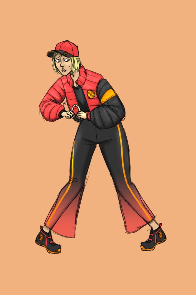 A drawing of a frightened looking woman with pale skin, blonde hair, green eyes, and sweat dripping down her face. She's wearing a futuristic-looking pizza delivery outfit, which includes a black & red hat, a black and red puffy coat, a black baggy shirt, bell-bottom pants that go from solid black to transparent red, and black and red shoes, most if not all of these articles of clothing having a pizza logo on them.