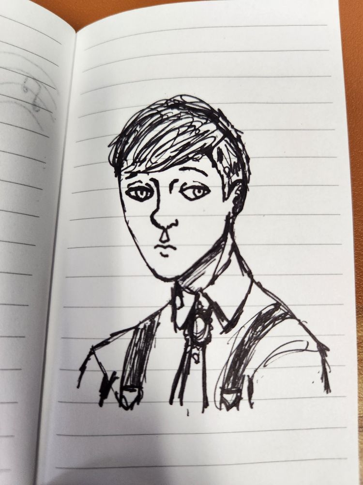 Pen sketch of a man wearing a dress shirt, suspenders, and a tie