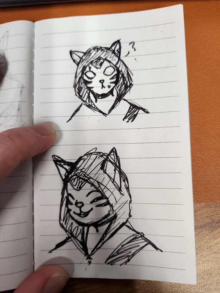 2 pen doodles of a cat man. First doodle shows him being surprised, while the second one shows him smiling