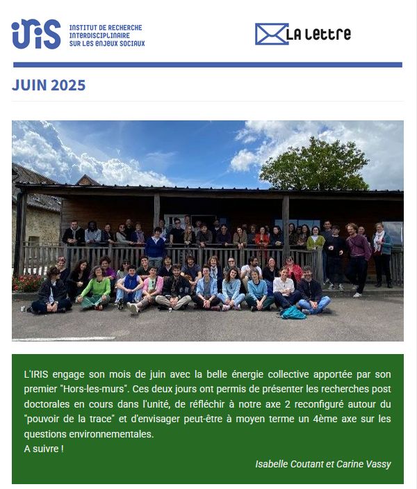 Détail en-tête de la "Lettre de l'IRIS" du mois de juin 2025. Photo de groupe et édito.
