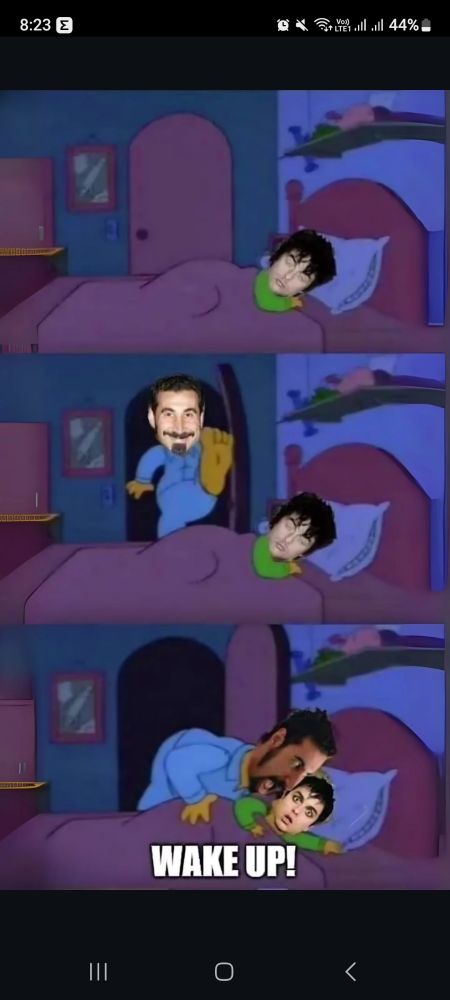 foto mostra 3 imagens do vocalista do green day dormindo sendo acordado pelo vocalista do system of a down dizendo "wake up".