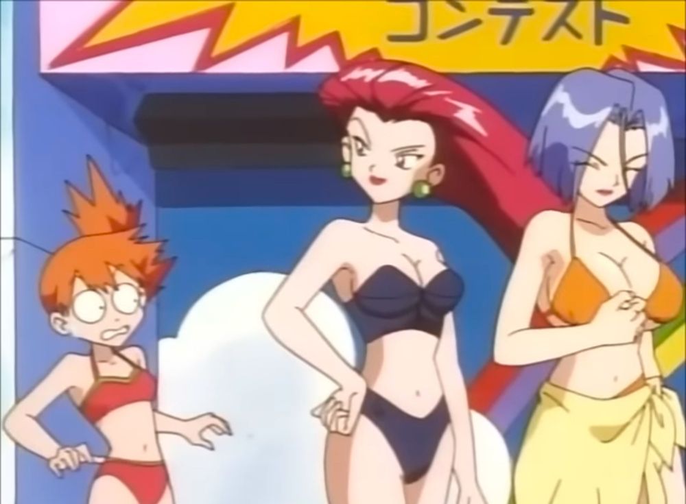 A screenshot of the infamous Pokémon episode where James has boobs.