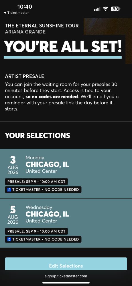 A screenshot of the Ticketmaster website showing the presale for Ariana Grande tickets in Chicago in August 2026